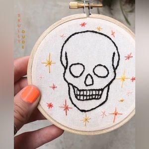 Hand stitched, original design skull embroidery hoop decoration.